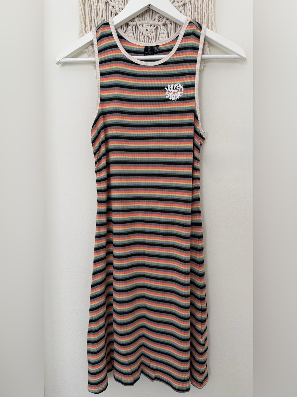 Volcom Striped Ribbed Tank Dress in Black, Pink & Green